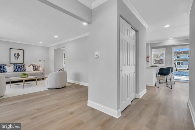 hall featuring crown molding and light hardwood / wood-style flooring