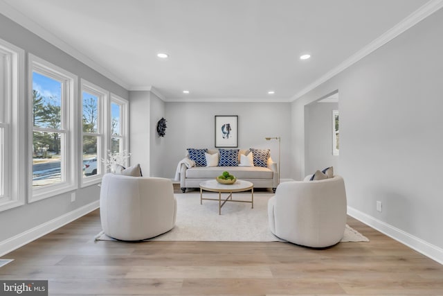 living room featuring ornamental molding and light hardwood / wood-style floors