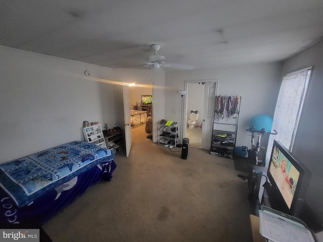 carpeted bedroom with ceiling fan