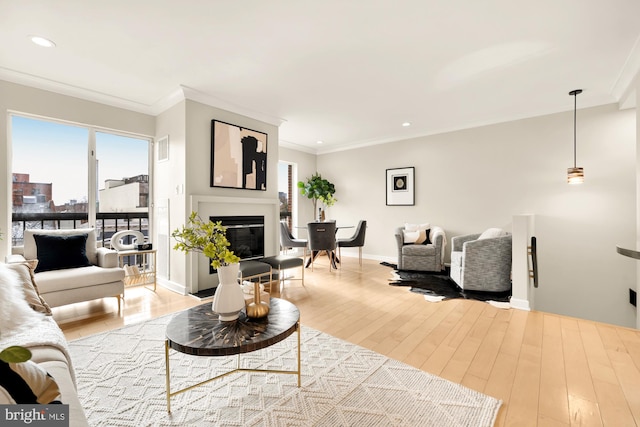 living room with crown molding and light hardwood / wood-style floors