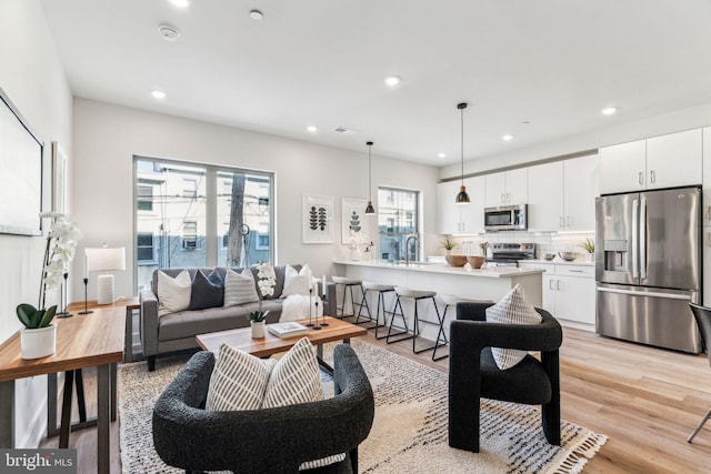 living room with sink and light hardwood / wood-style floors