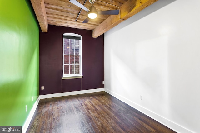 unfurnished room with beamed ceiling, ceiling fan, wood ceiling, and dark wood-type flooring