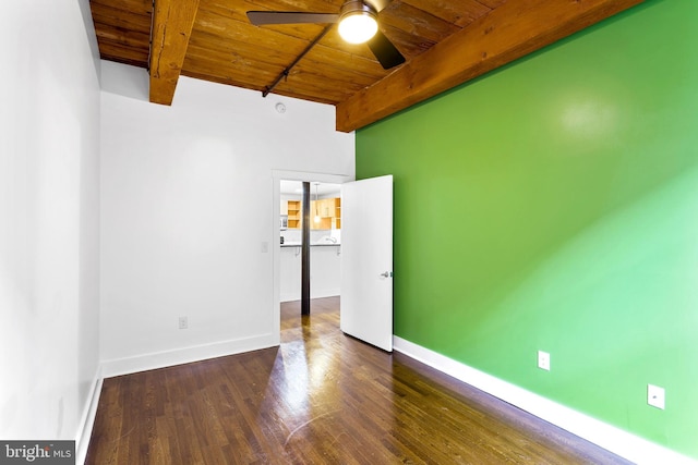 empty room with wood ceiling, ceiling fan, beam ceiling, and dark wood-type flooring