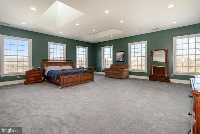 carpeted bedroom with a skylight