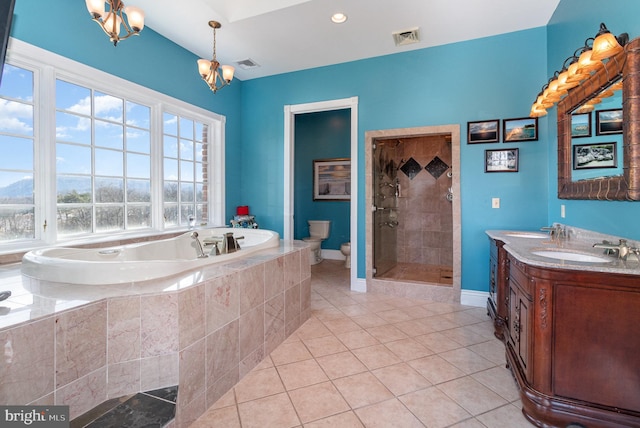 full bathroom featuring toilet, vanity, a notable chandelier, plus walk in shower, and tile patterned flooring