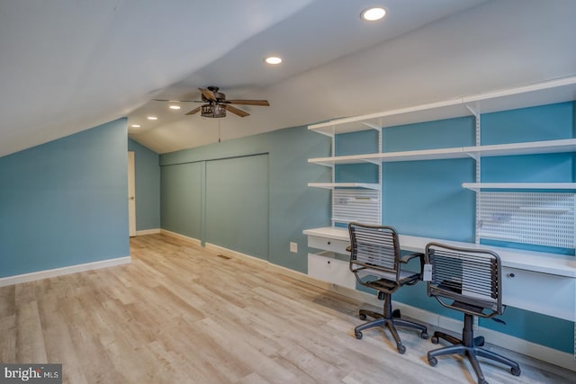 office space with lofted ceiling, light hardwood / wood-style floors, and ceiling fan