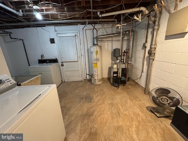 unfinished basement featuring water heater and a heating unit