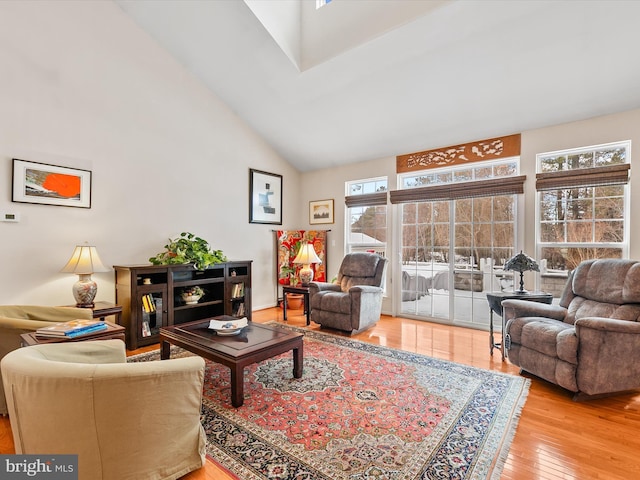 living room with high vaulted ceiling and light hardwood / wood-style floors