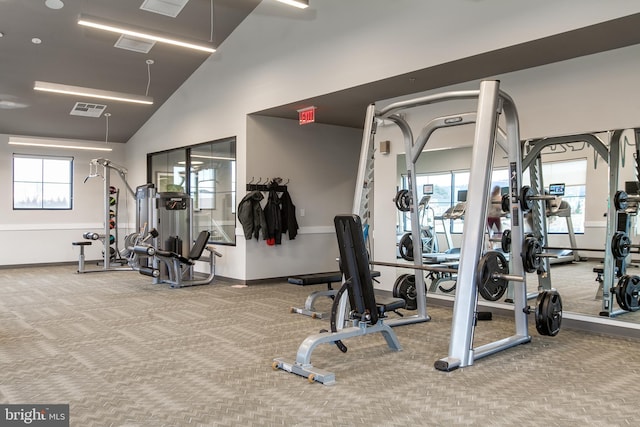 exercise room featuring carpet floors and vaulted ceiling