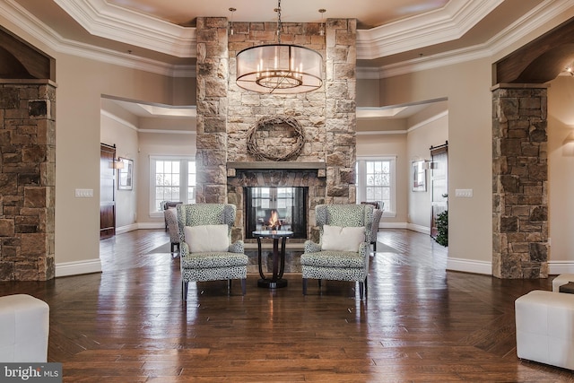 sitting room with dark wood-type flooring, a healthy amount of sunlight, a barn door, and a stone fireplace