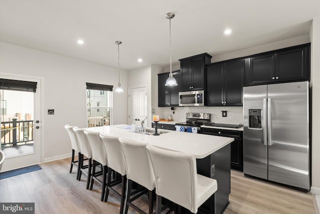 kitchen featuring stainless steel appliances, an island with sink, backsplash, hanging light fixtures, and light wood-type flooring