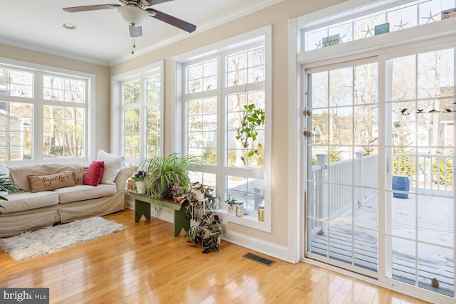 sunroom featuring ceiling fan