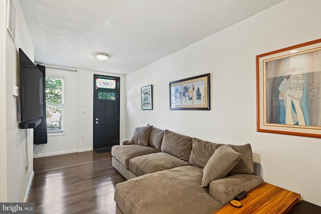 living room with dark wood-type flooring