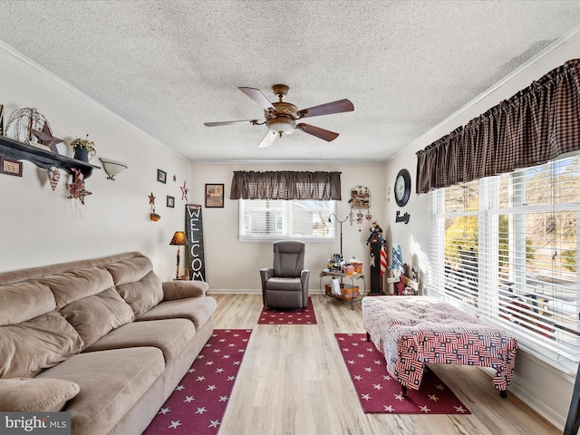 living room featuring light hardwood / wood-style floors, a textured ceiling, crown molding, and ceiling fan