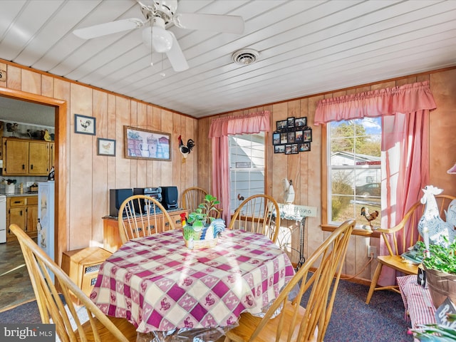 dining room featuring ceiling fan, wood walls, and dark carpet