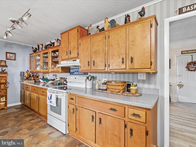 kitchen with white range with electric stovetop and a textured ceiling