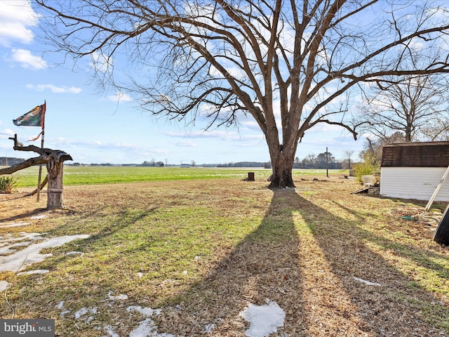 view of yard featuring a rural view and a storage unit