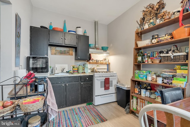 kitchen featuring sink, white range with gas stovetop, and light hardwood / wood-style flooring