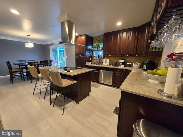 kitchen featuring dishwasher, hanging light fixtures, black electric stovetop, ornamental molding, and island range hood