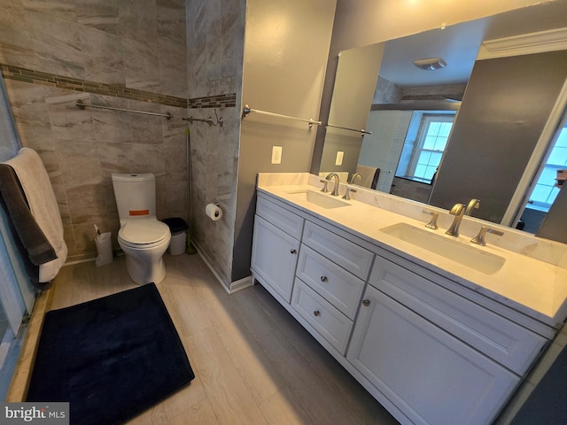 bathroom with hardwood / wood-style floors, toilet, and vanity