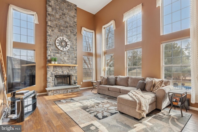 living room featuring baseboards, wood finished floors, and a stone fireplace