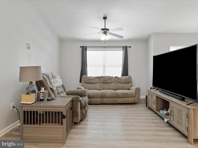 living room with ceiling fan and light hardwood / wood-style flooring