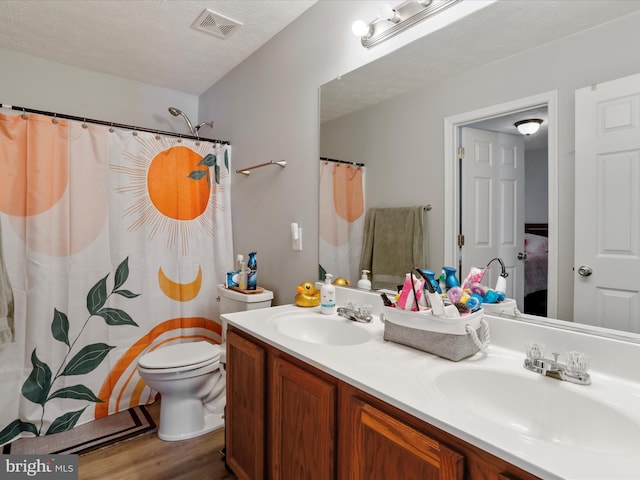 bathroom featuring wood-type flooring, toilet, a textured ceiling, and vanity