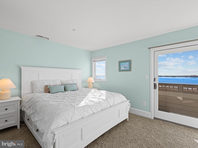 bedroom with access to outside, carpet, and a water view