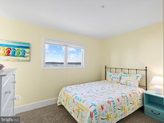 bedroom featuring dark colored carpet