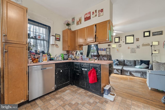 kitchen with ceiling fan, stainless steel dishwasher, and sink