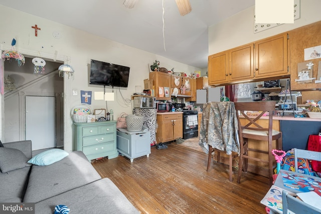 kitchen featuring wood-type flooring and black gas range oven