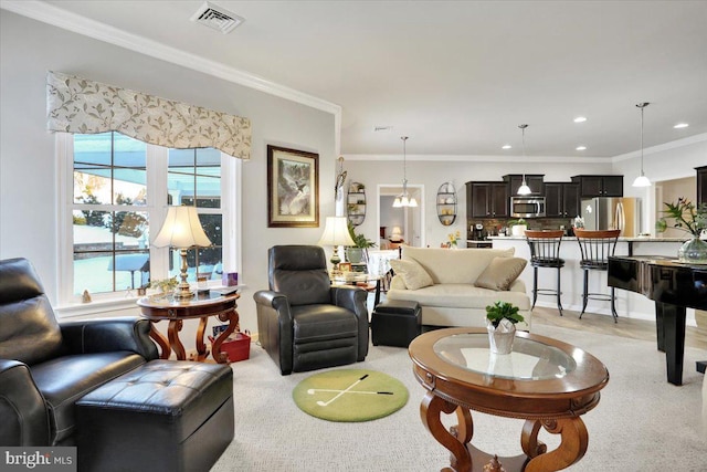 living room with crown molding