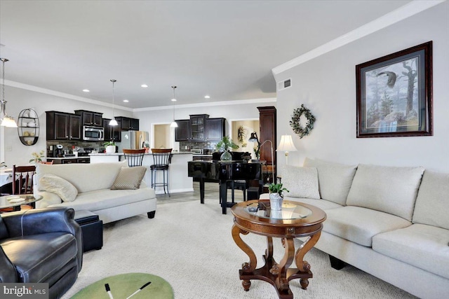 living room with crown molding