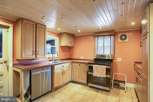 kitchen with sink, light tile patterned floors, wooden ceiling, light brown cabinets, and appliances with stainless steel finishes