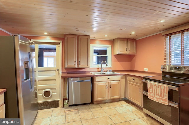 kitchen with sink, plenty of natural light, light brown cabinets, and appliances with stainless steel finishes