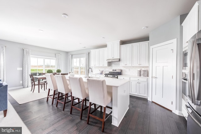 kitchen featuring white cabinetry, stainless steel appliances, tasteful backsplash, a kitchen island with sink, and a breakfast bar area