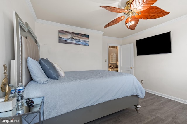 bedroom with ceiling fan, crown molding, and hardwood / wood-style flooring