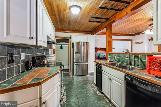 kitchen with sink, white cabinetry, wood ceiling, tile counters, and black appliances