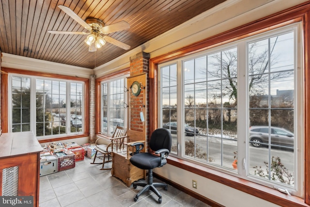 sunroom with ceiling fan and wood ceiling