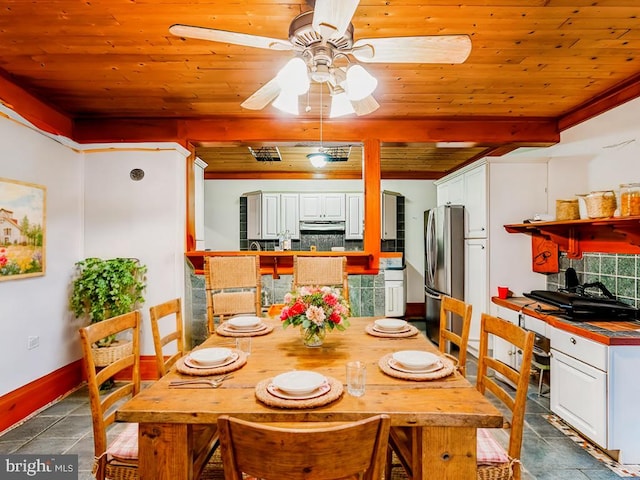 dining space featuring ceiling fan, beam ceiling, and wooden ceiling