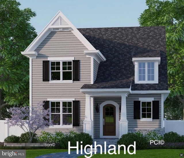 view of front of home featuring roof with shingles and fence