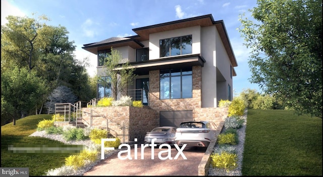 rear view of house featuring stone siding, a lawn, and stucco siding