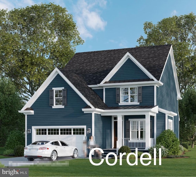 view of front facade featuring a shingled roof, concrete driveway, metal roof, a standing seam roof, and a front lawn