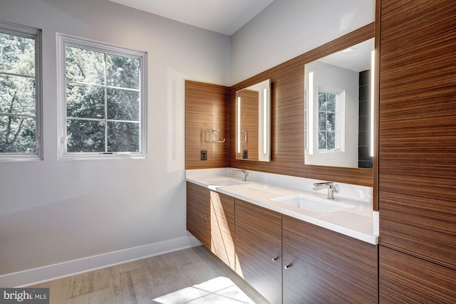 bathroom with double vanity, baseboards, a sink, and wood finished floors