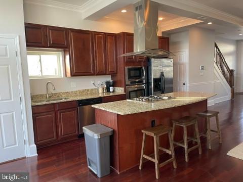 kitchen with a kitchen island, appliances with stainless steel finishes, sink, island exhaust hood, and dark wood-type flooring