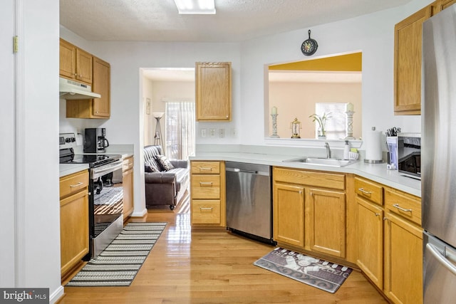 kitchen with sink, light wood-type flooring, a textured ceiling, and appliances with stainless steel finishes