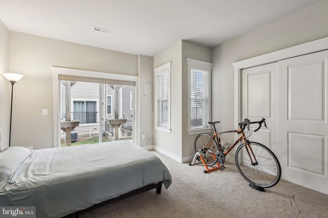 bedroom featuring carpet floors and multiple windows