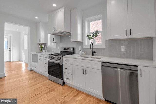 kitchen featuring white cabinetry, sink, backsplash, stainless steel appliances, and light hardwood / wood-style flooring