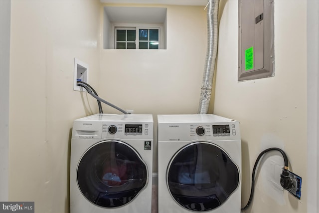 clothes washing area with washing machine and clothes dryer and electric panel