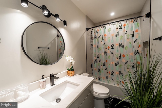 full bathroom with toilet, vanity, and shower / tub combo with curtain